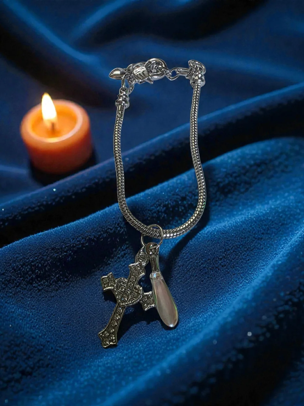 Silver Rhinestone Cross & Opaline Teardrop Snake Chain Bracelet
